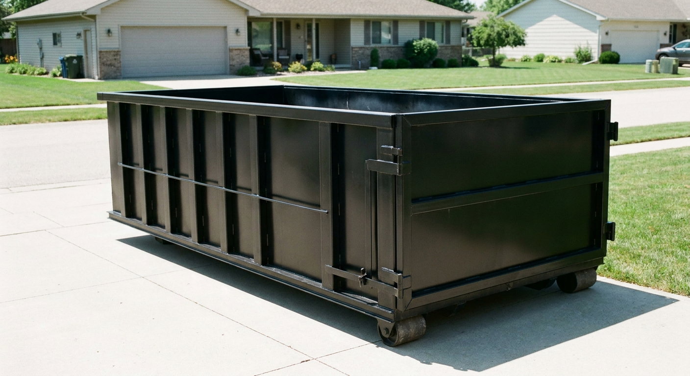 Matte-black 10-yard roll-off dumpster on a residential concrete driveway in Joliet, uniformly painted matte black across every panel and rail, ribbed steel sidewalls and rear swing door visible, mid-day daylight.
