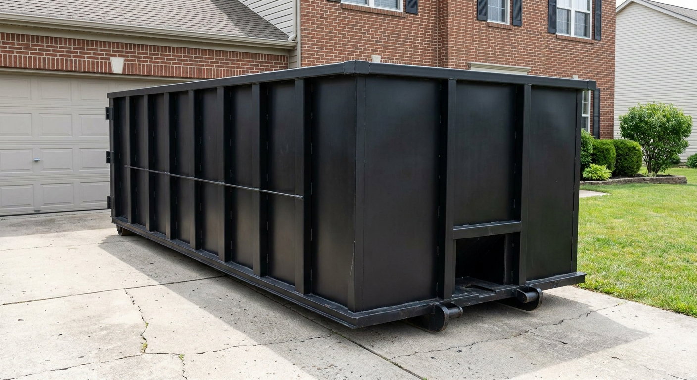 Matte-black 20-yard roll-off container on a Joliet residential concrete driveway with reinforced ribbed steel sidewalls and a hinged rear walk-in door, clean bright daylight.