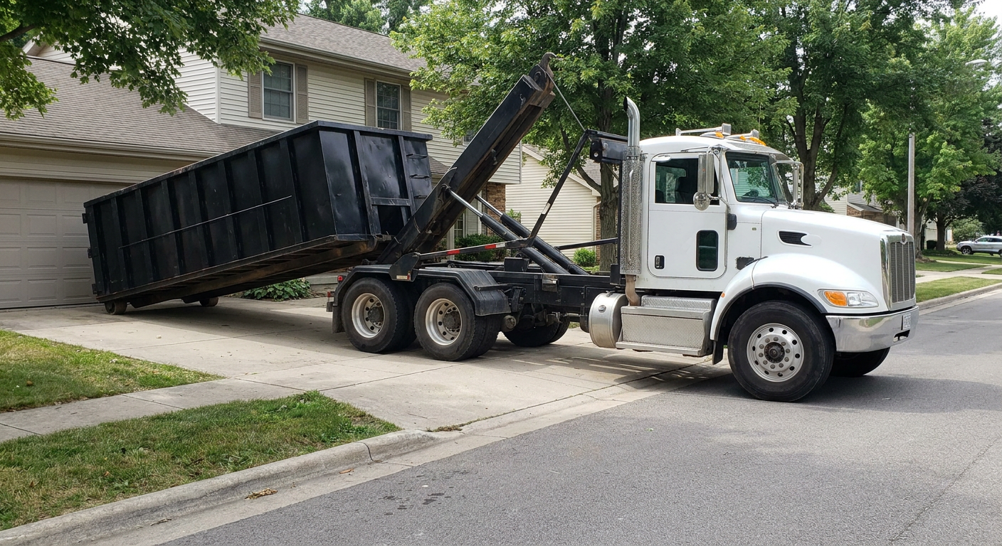 White-cab hooklift roll-off truck actively lowering a matte-black dumpster onto a Joliet residential concrete driveway, the dumpster's rear wheels touching the driveway as the hoist arm tilts the bed forward, mid-morning daylight.