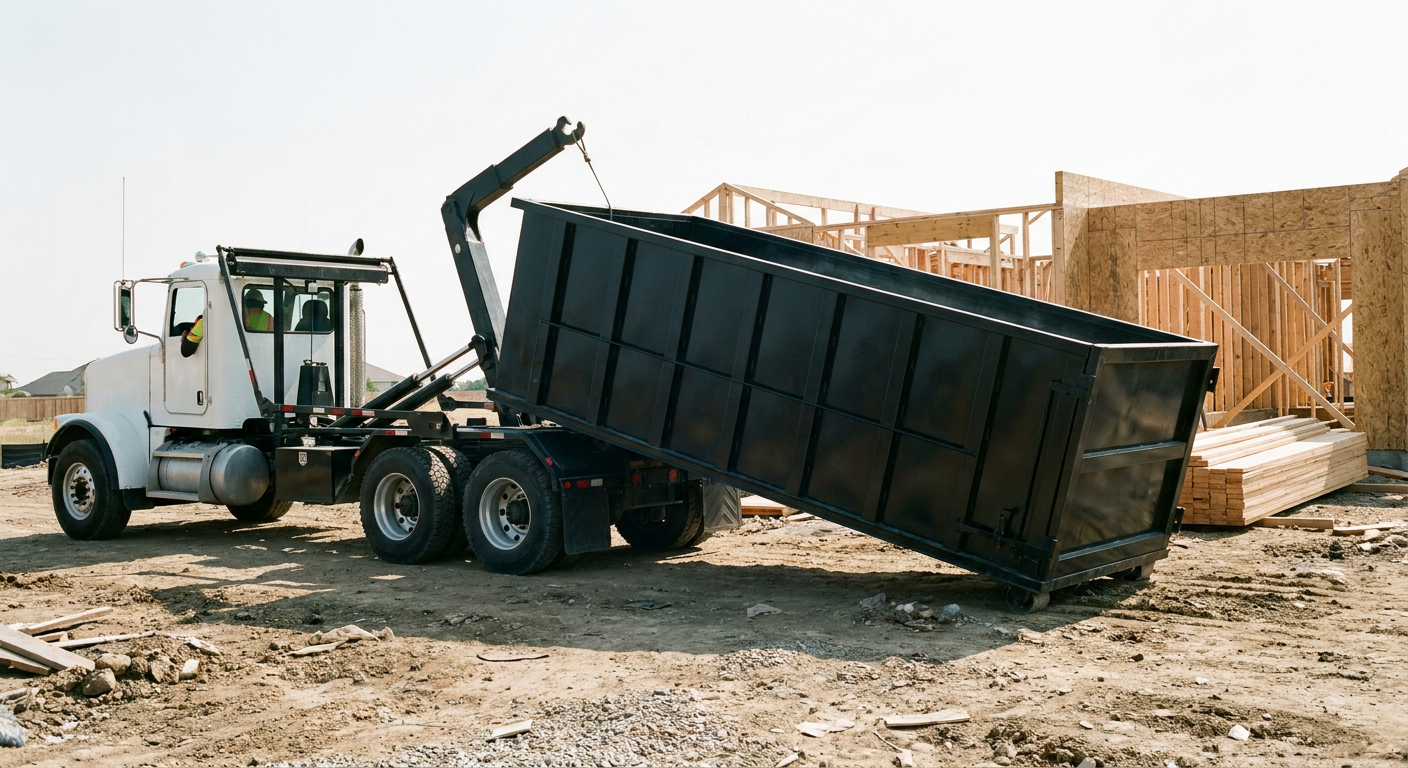 Matte-black roll-off dumpster being delivered onto a clean residential concrete driveway in Joliet by an unmarked white hooklift hauler truck, bright morning daylight, documentary 35mm perspective.